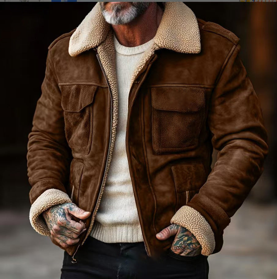 Herr Shearling-jacka – Mocka Finish – Strukturerad Passform – Flikfickor