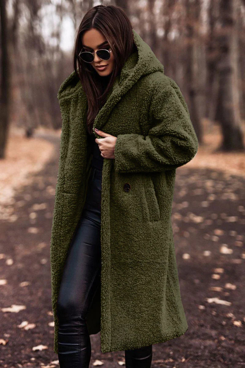 Dam Teddy-kappa – Oversized passform – Plysch fleece – Huvtröja – Öppen lång modell