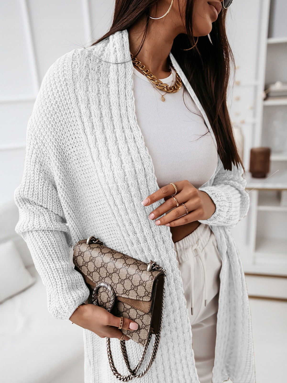 Dam Cardigan – Ullstickad – Avslappnad Passform – Öppen Front – Ribbad Struktur