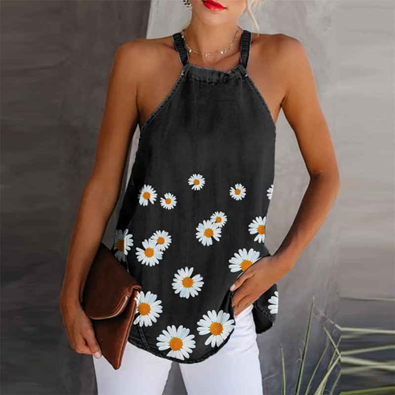 Dam Camisole Topp – Lätt Denimlook – Avslappnad Passform – Spagettiband – Blommönster