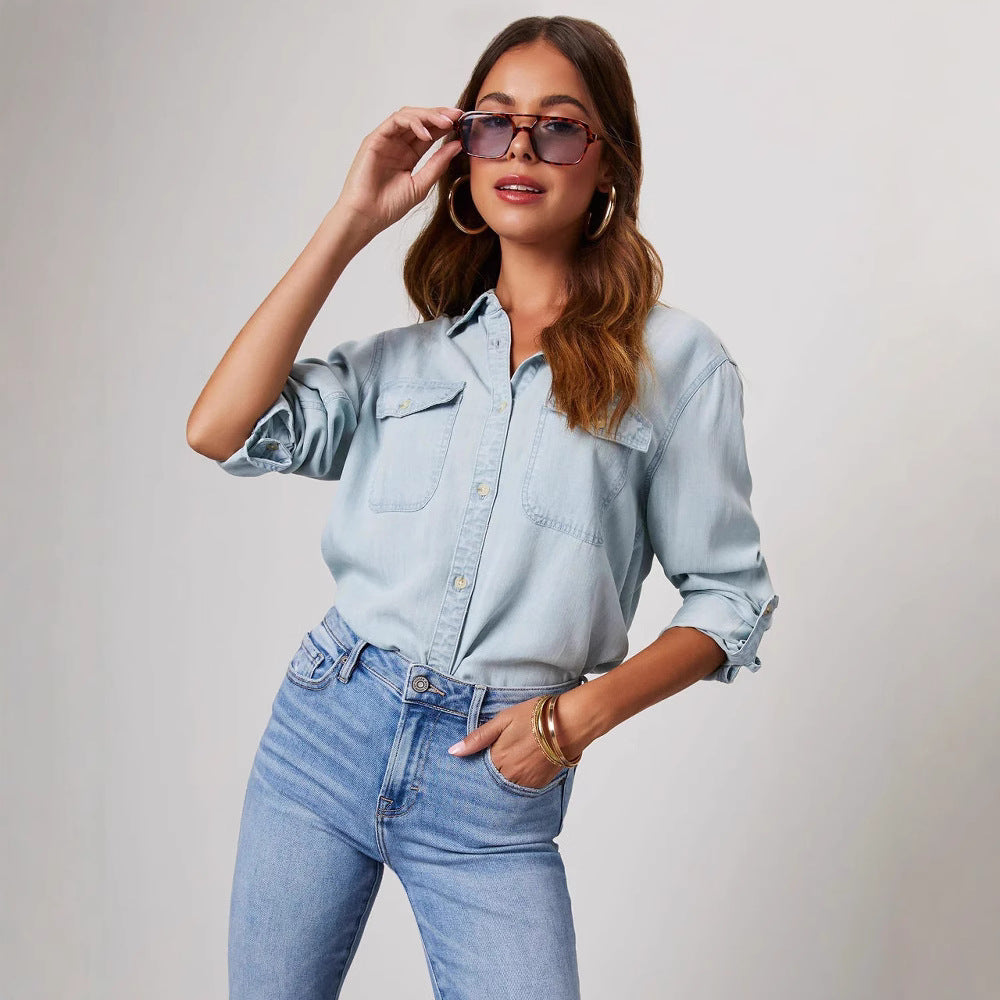 Dam Skjorta i Denim – Avslappnad Passform – Långärmad – Knäppning – Casual Stil