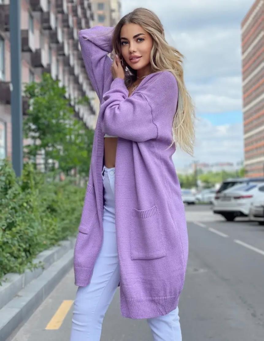 Dam Cardigan Stickad – Lös Passform – Öppen Front – Lång Modell med Fickor