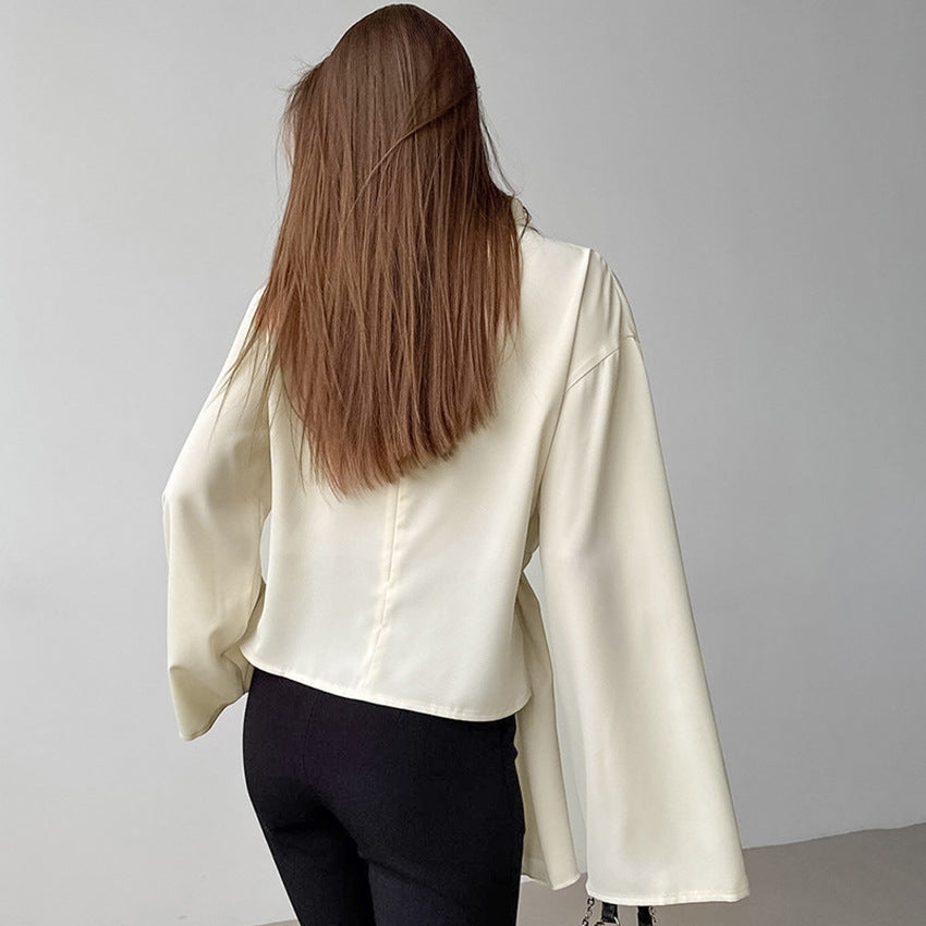 Damblus – Chiffong – Elegant Draperad Passform – Hög Hals – Långa Ärmar