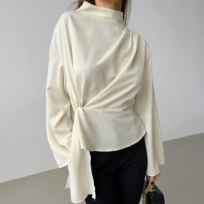 Damblus – Chiffong – Elegant Draperad Passform – Hög Hals – Långa Ärmar