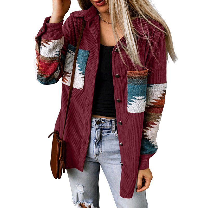 Dame Cardigan Jakke – Cordfløyel – Avslappet Passform – Aztec Ermedesign – Mellomlang
