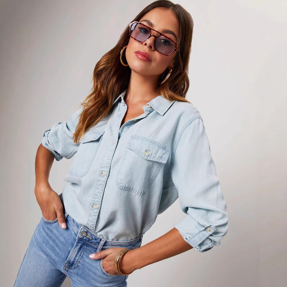 Dam Skjorta i Denim – Avslappnad Passform – Långärmad – Knäppning – Casual Stil