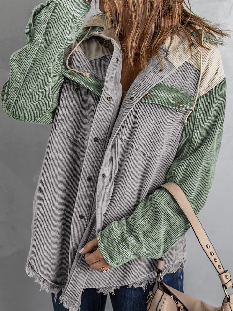 Damjacka med huva – Manchestertyg – Oversized passform – Knappar – Fransig kant