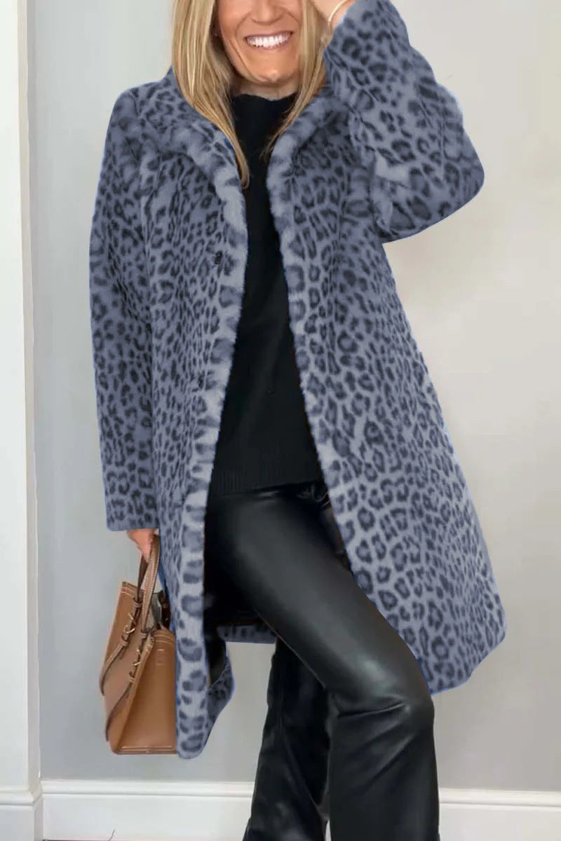 Damekåpe – Fuskepels – Oversized passform – Notch-krage – Leopardmønster – Casual stil