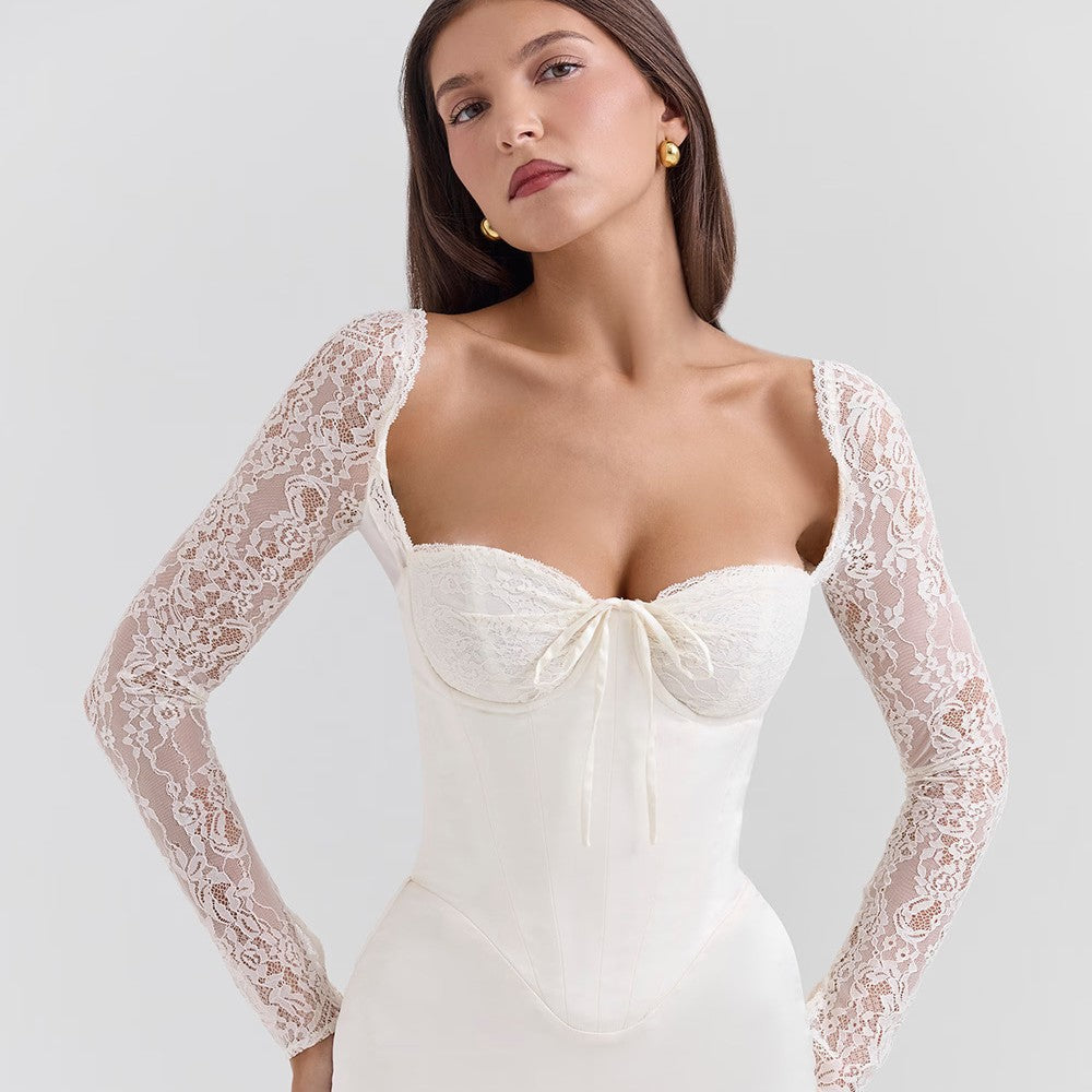 Klänning för kvinnor – Siden – Bodycon passform – Spetsärmar – Sweetheart urringning