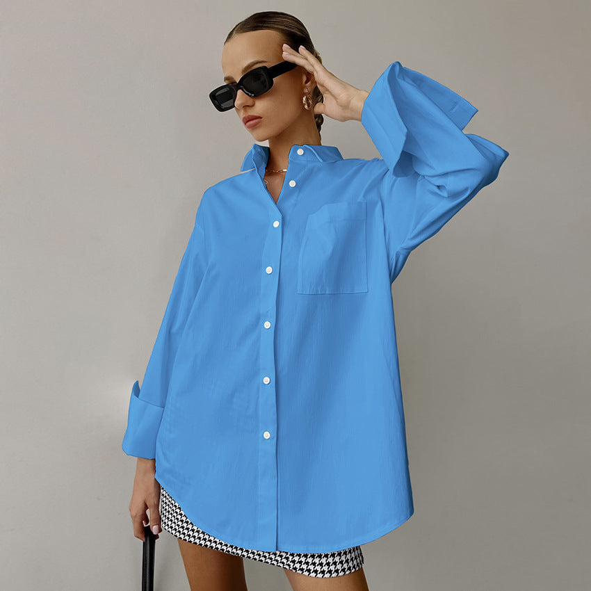 Dameskjorte – Oversized Passform – Bomullsblanding – Langermet med Knappestolpe