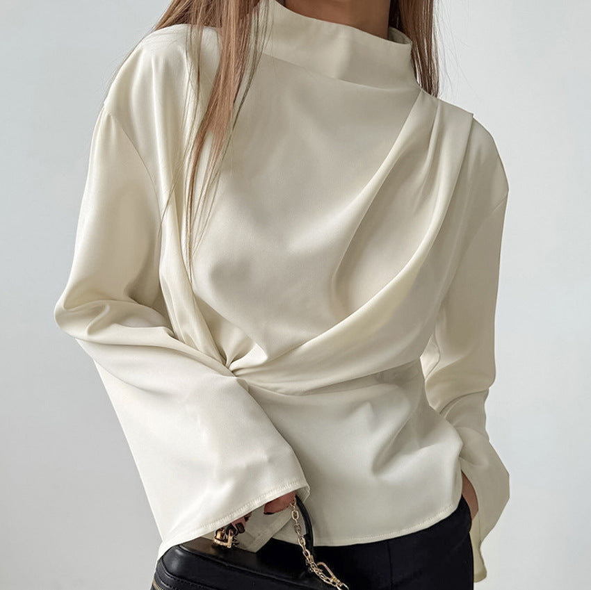 Damblus – Chiffong – Elegant Draperad Passform – Hög Hals – Långa Ärmar