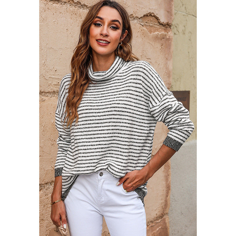 Dam Turtleneck Tröja – Ullblandning – Avslappnad Passform – Randig – Ribbstickad