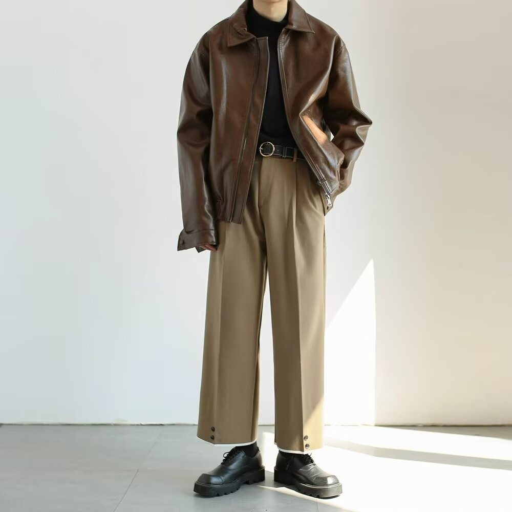 Herr skinnjacka – Oversized passform – Cropped längd – Dragkedjestängning – Streetwear