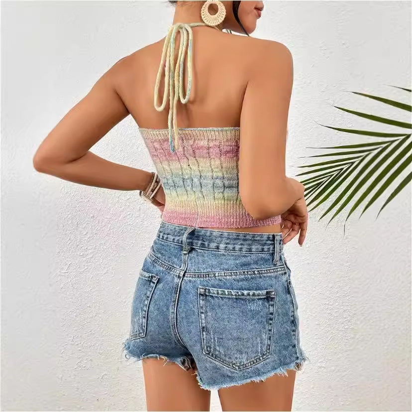Dam Crop Top – Slim Fit Stickad – Kabelstickat Mönster – Ribbad Kant Casual Användning