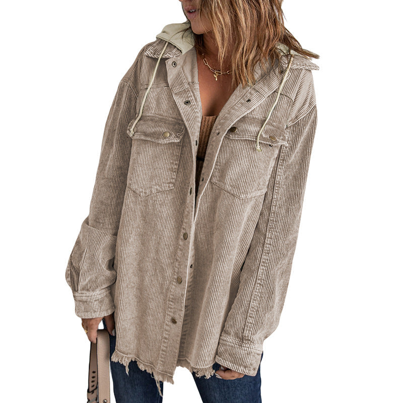 Damjacka med huva – Manchestertyg – Oversized passform – Knappar – Fransig kant