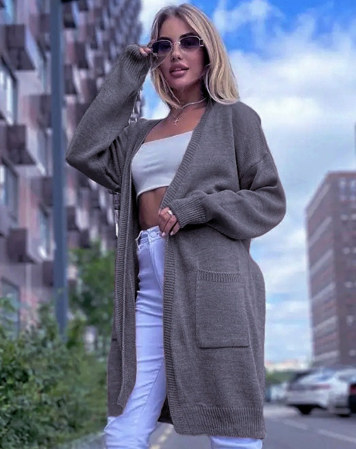 Dam Cardigan Stickad – Lös Passform – Öppen Front – Lång Modell med Fickor