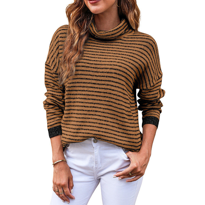 Dam Turtleneck Tröja – Ullblandning – Avslappnad Passform – Randig – Ribbstickad