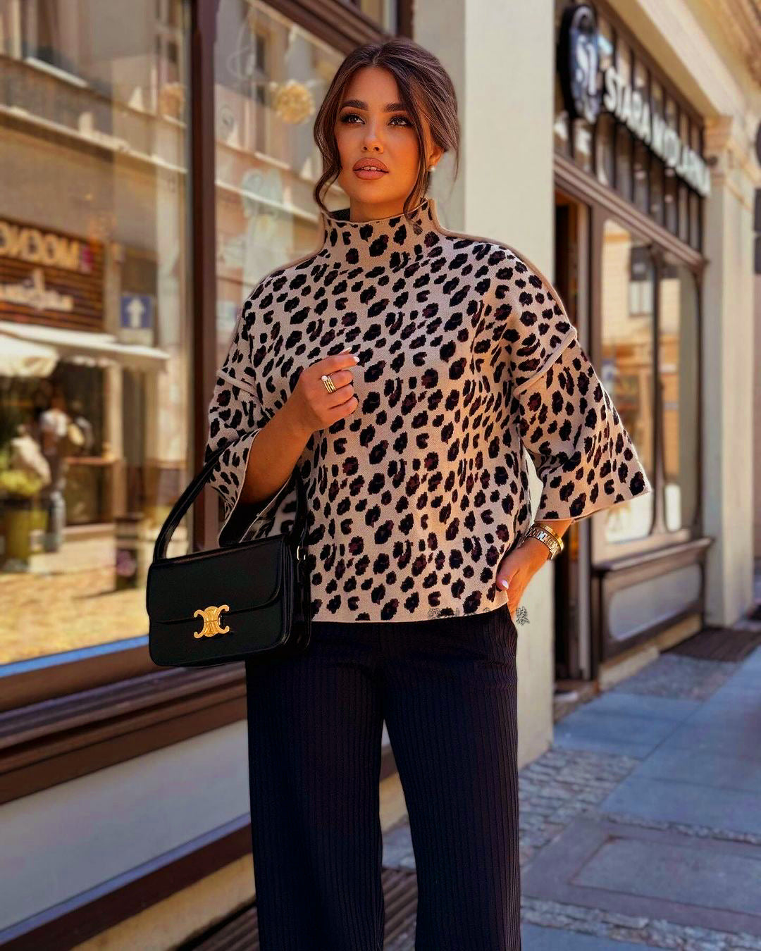 Damtröja – Lös Passform Stickad – Hög Hals – Leopardmönster – 3/4 Ärmar