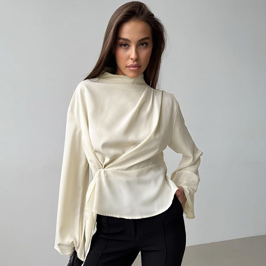 Damblus – Chiffong – Elegant Draperad Passform – Hög Hals – Långa Ärmar