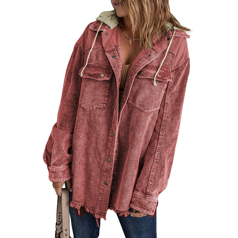 Damjacka med huva – Manchestertyg – Oversized passform – Knappar – Fransig kant
