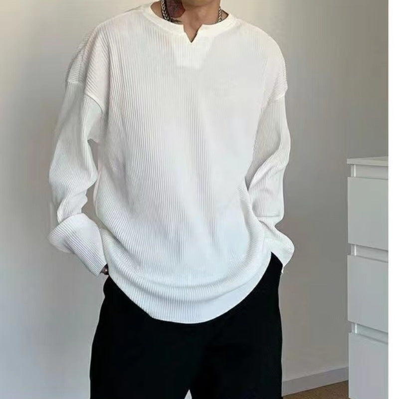 Herr Långärmad T-shirt – Ribbstickad – Avslappnad Passform – V-ringad Basplagg