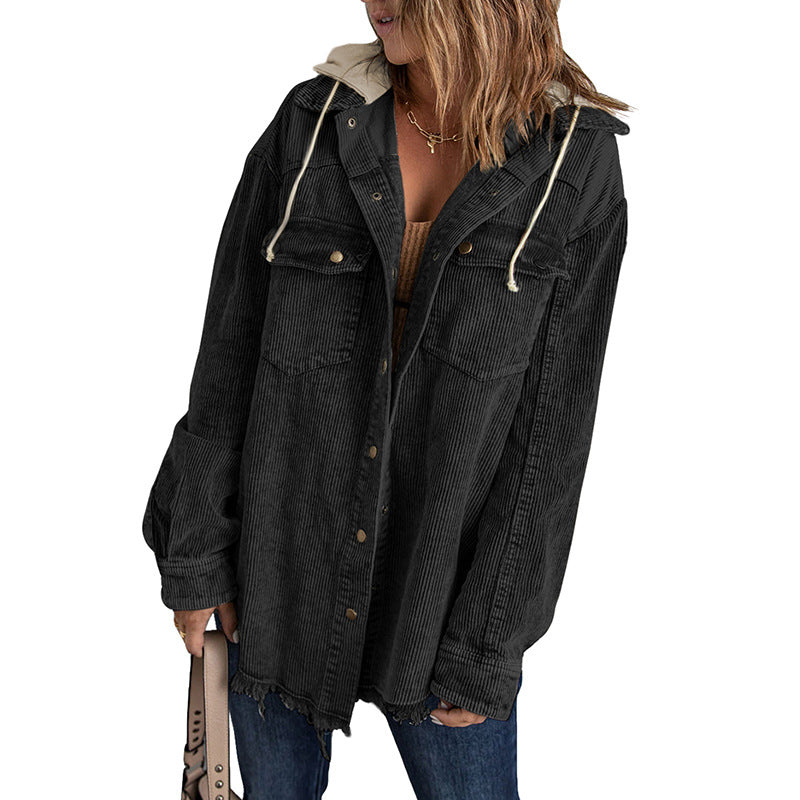 Damjacka med huva – Manchestertyg – Oversized passform – Knappar – Fransig kant