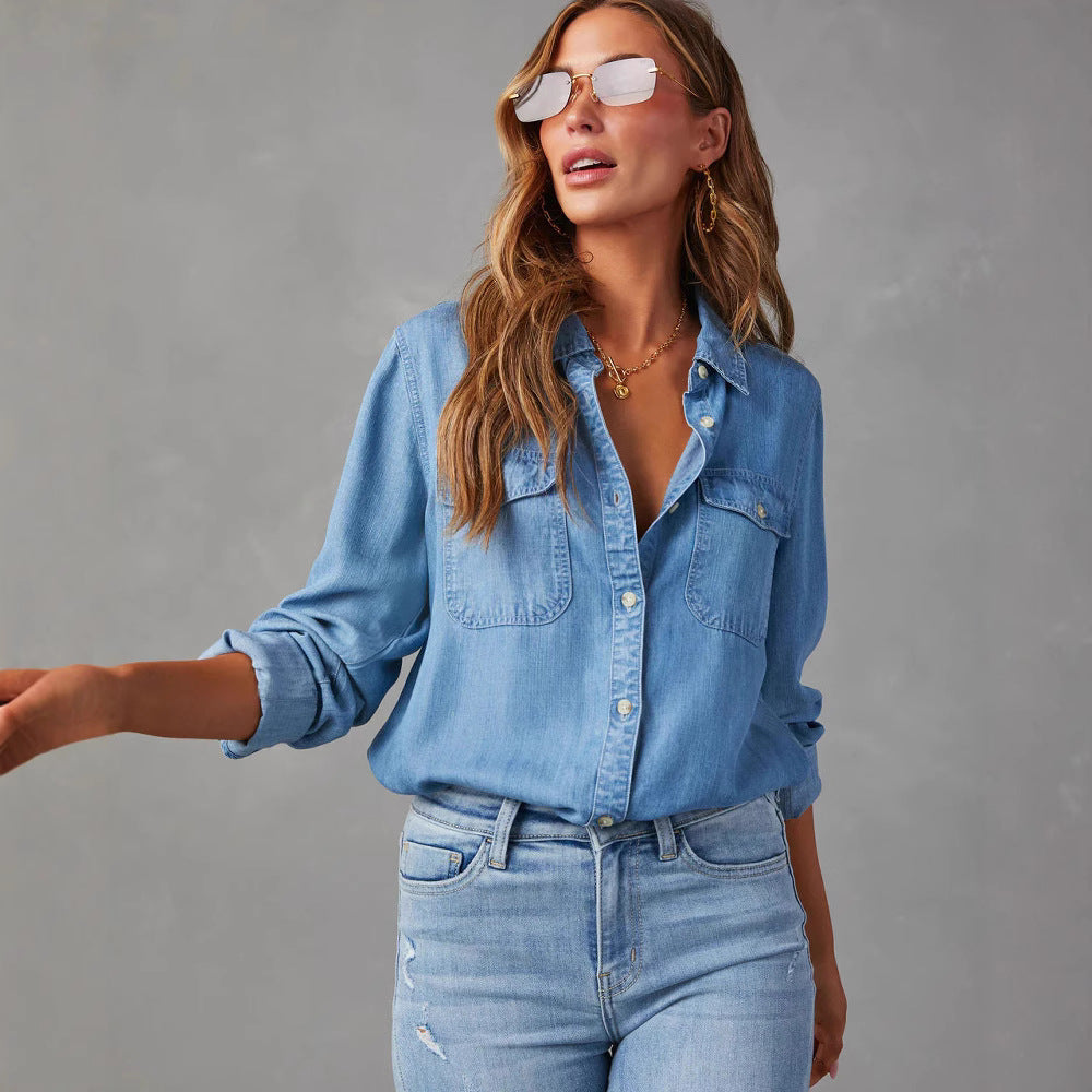 Dam Skjorta i Denim – Avslappnad Passform – Långärmad – Knäppning – Casual Stil