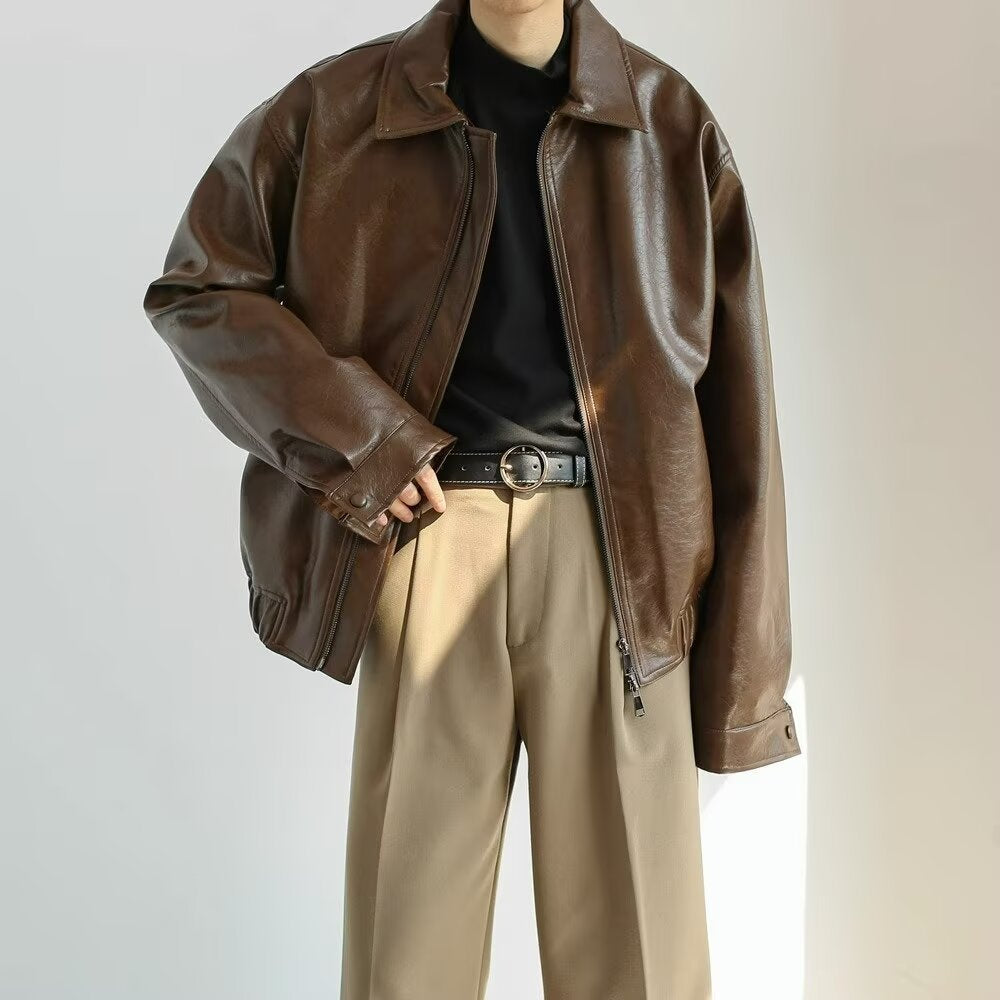 Herr skinnjacka – Oversized passform – Cropped längd – Dragkedjestängning – Streetwear
