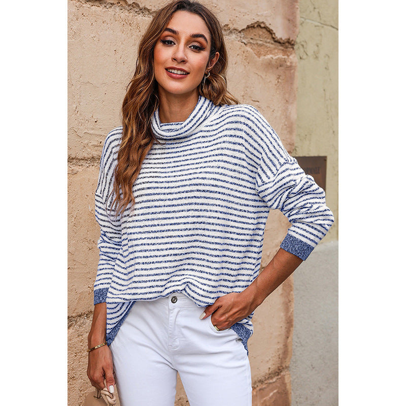 Dam Turtleneck Tröja – Ullblandning – Avslappnad Passform – Randig – Ribbstickad