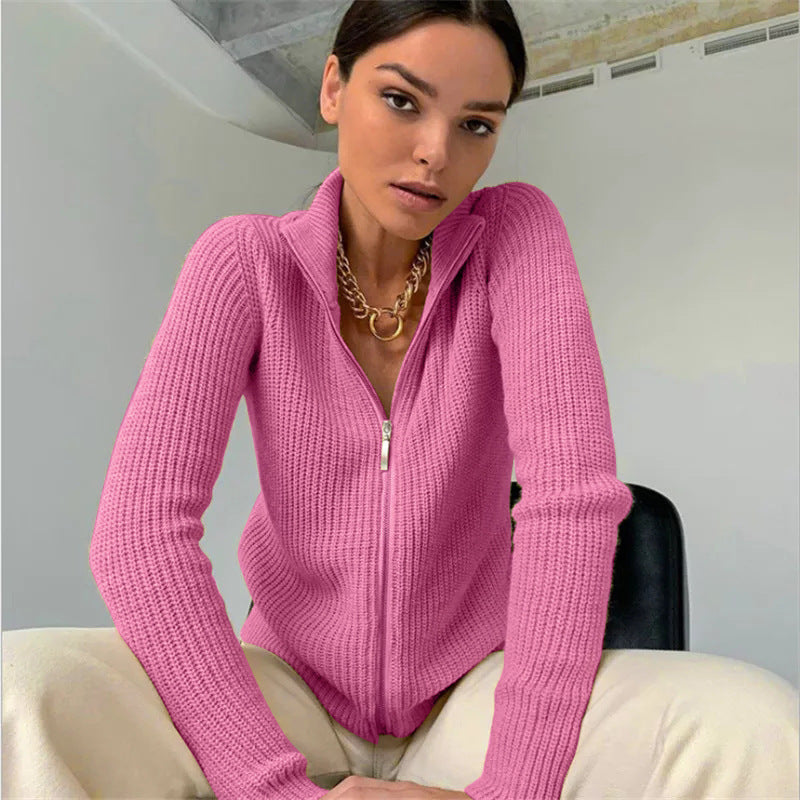 Dam Cardigan – Smal Passform Stickad – Hög Krage – Dragkedja – Långa Ärmar