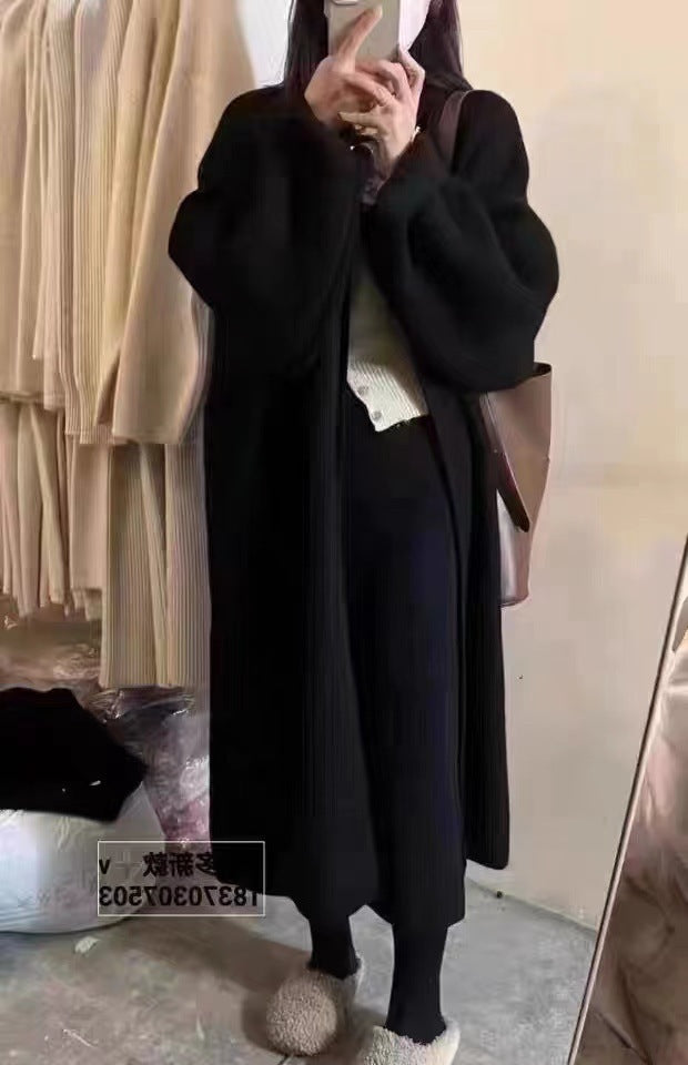 Dam Cardigan Kappa – Oversized Passform – Ullstickad – Öppen Front – Ankellång