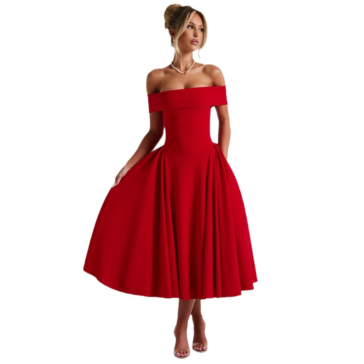 Kjole til dame – Off-Shoulder – A-linje passform – Midi lengde – Formell eleganse