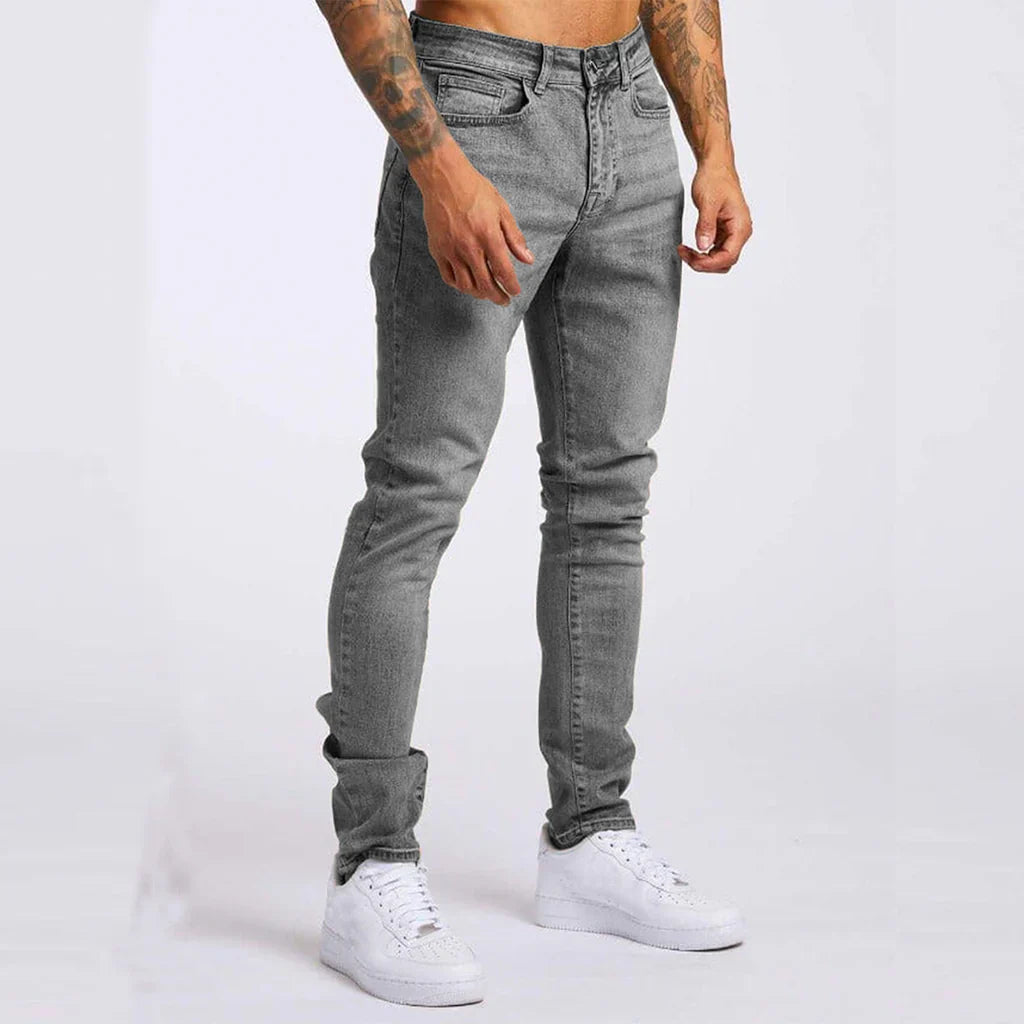 Herrbyxor i denim – Slim fit – Stretchmaterial – Fem fickor – Full längd