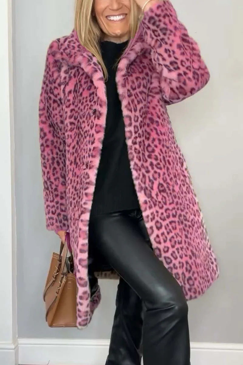 Damekåpe – Fuskepels – Oversized passform – Notch-krage – Leopardmønster – Casual stil