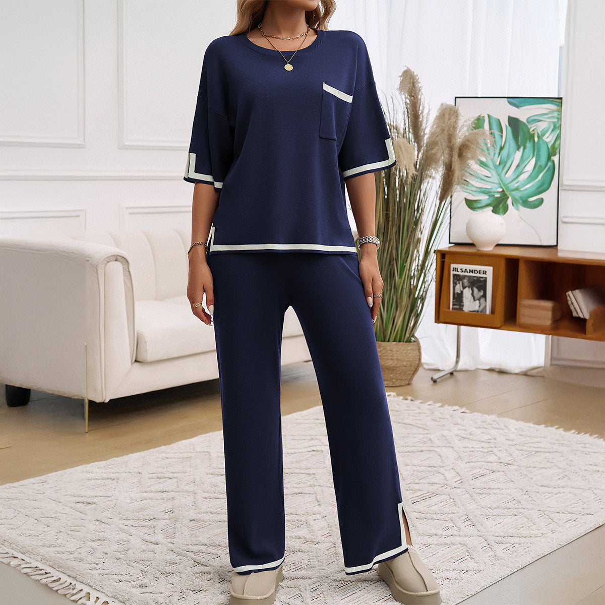 Dam Lounge Set – Stickat Tyg – Avslappnad Passform – Vida Byxor – Kontrastkant