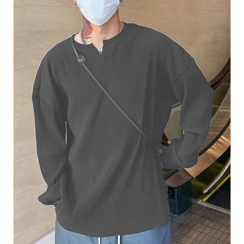 Herr Långärmad T-shirt – Ribbstickad – Avslappnad Passform – V-ringad Basplagg