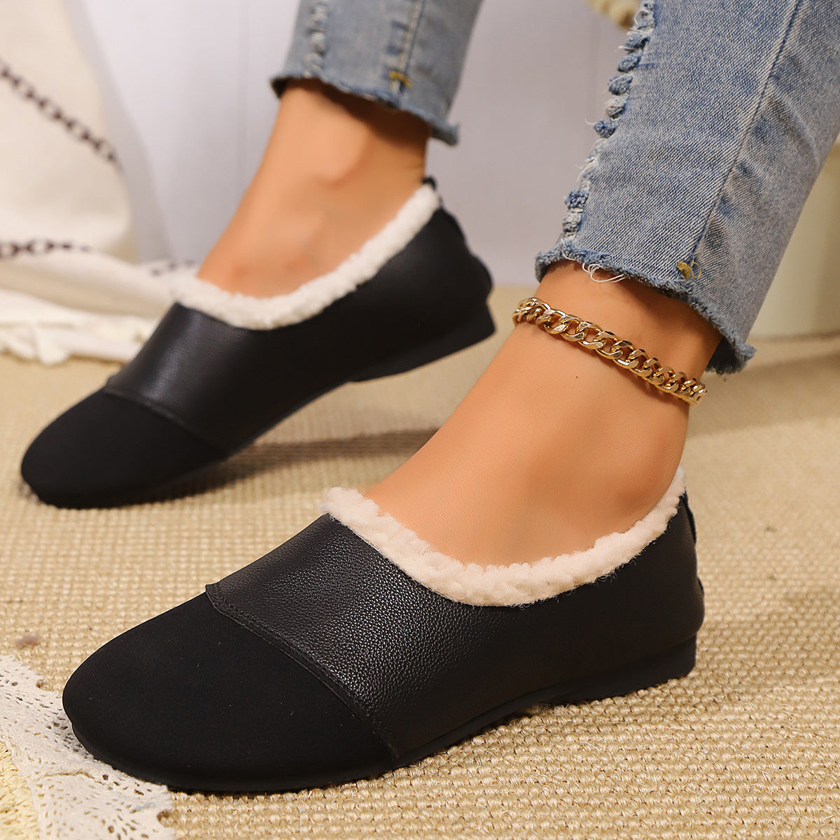 Damsko Mokasin – Slip-on – Fuskpälsfoder – Mjuk Sula – Djurmönster Detalj