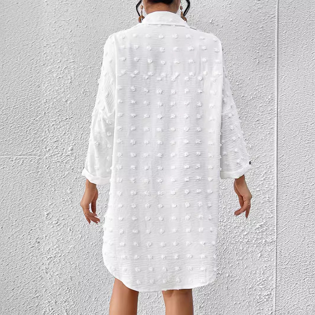 Dam Cardiganskjorta – Chiffong Jacquard – Oversize Passform – Pom-Pom Detaljer