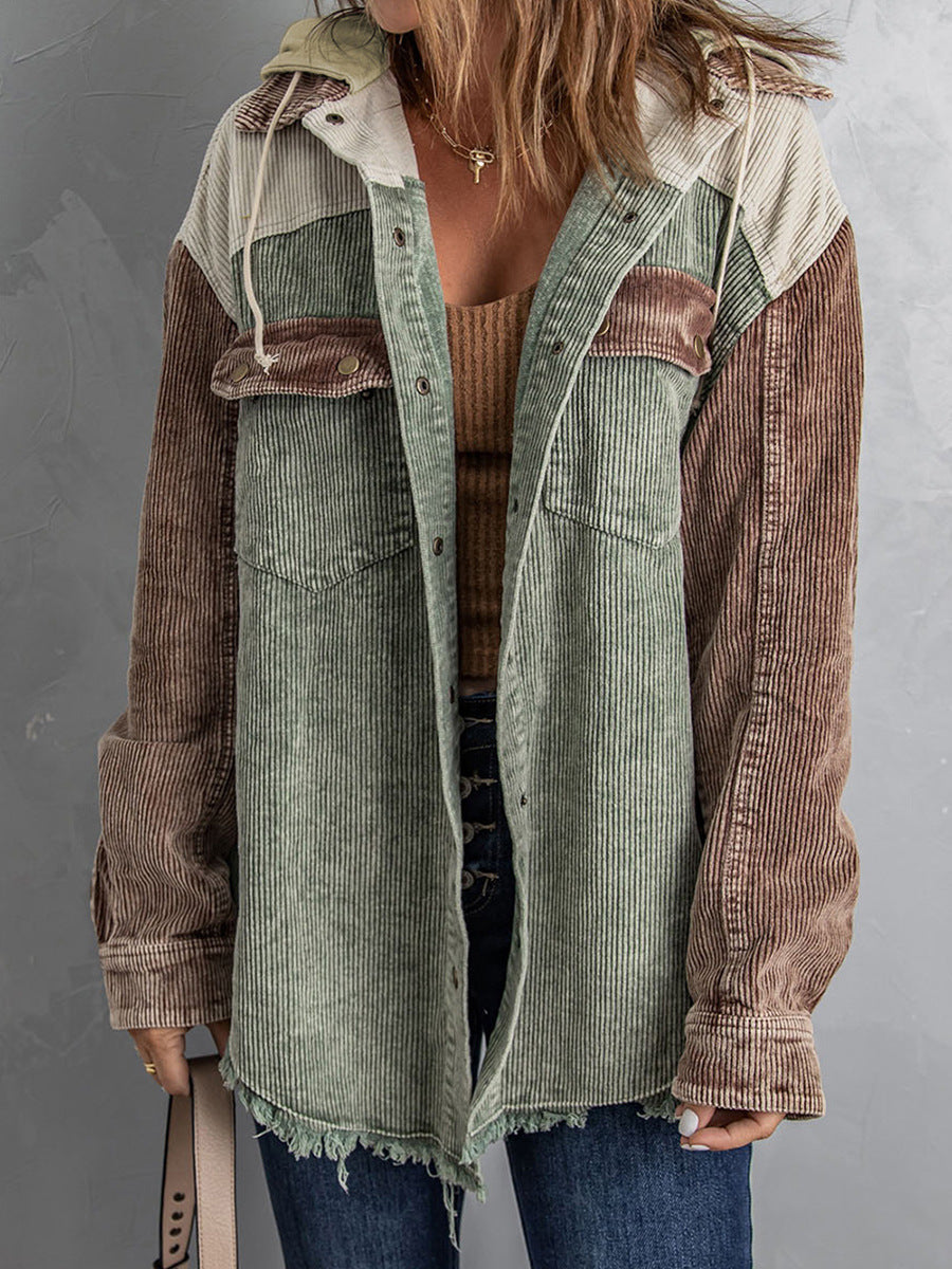 Damjacka med huva – Manchestertyg – Oversized passform – Knappar – Fransig kant