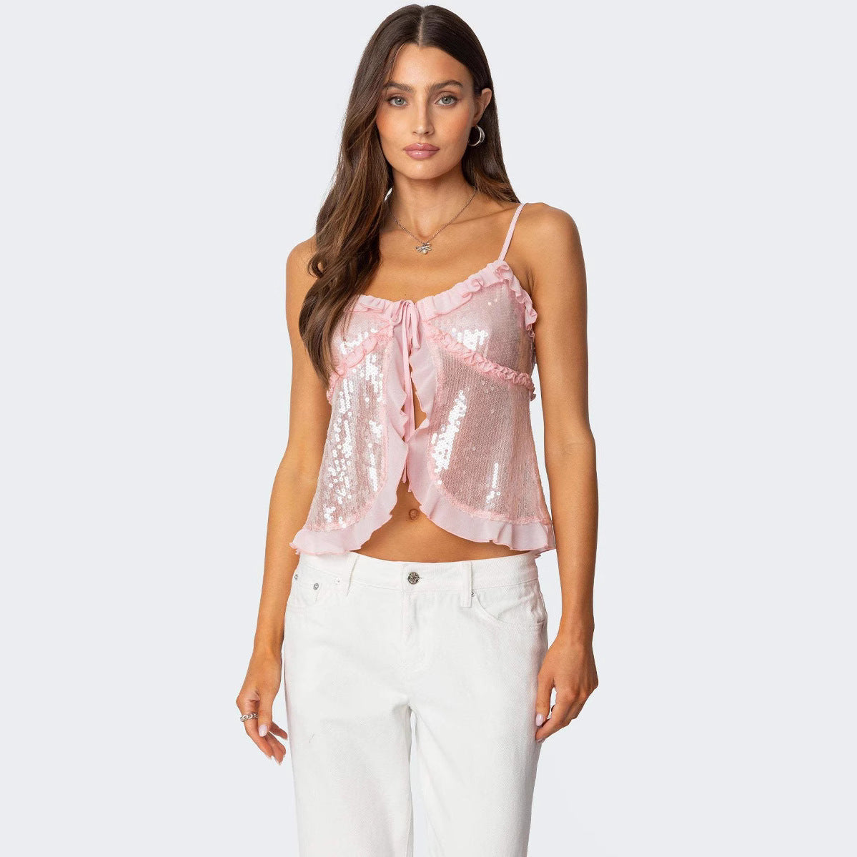 Dam Crop Top – Paljettyg – Smal Passform – Halterneck – Volangkant – Rosettdetalj