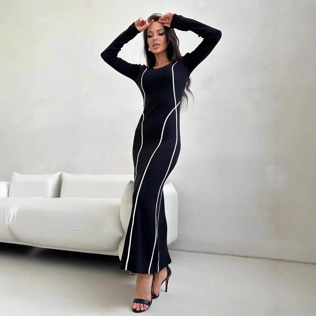 Kjole til dame – Tettsittende bodycon – Ankellang – Scoop-hals – Kontrastdetaljer
