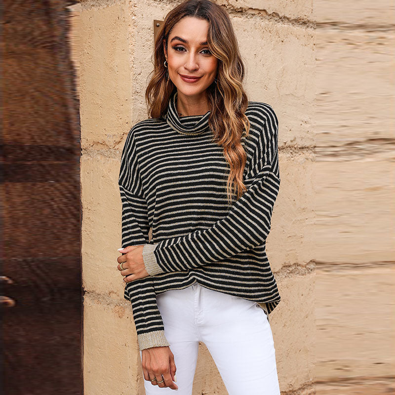 Dam Turtleneck Tröja – Ullblandning – Avslappnad Passform – Randig – Ribbstickad