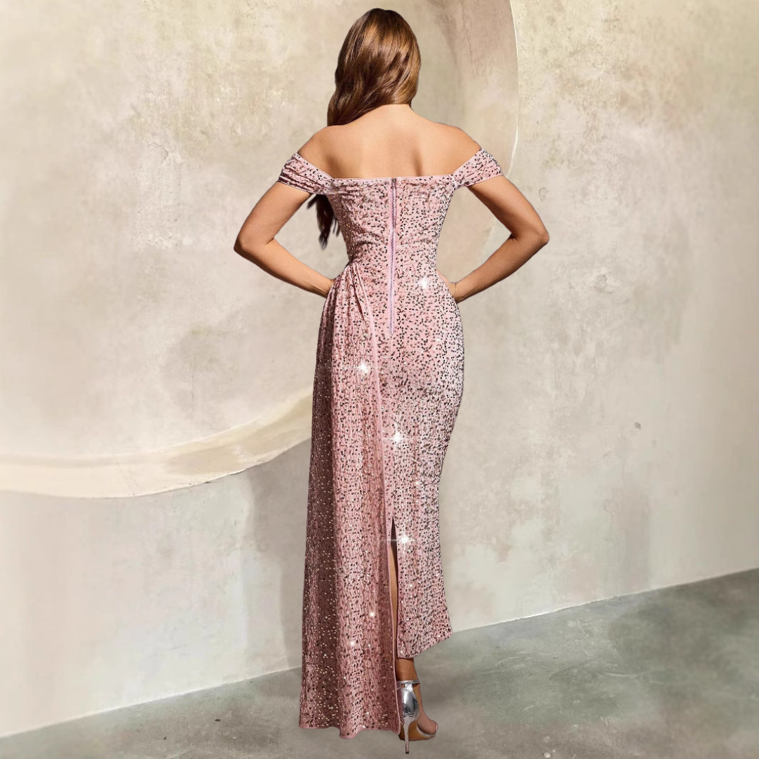 Klänning för dam – Golvlång paljettklänning – Figurnära passform – Off-shoulder festklänning