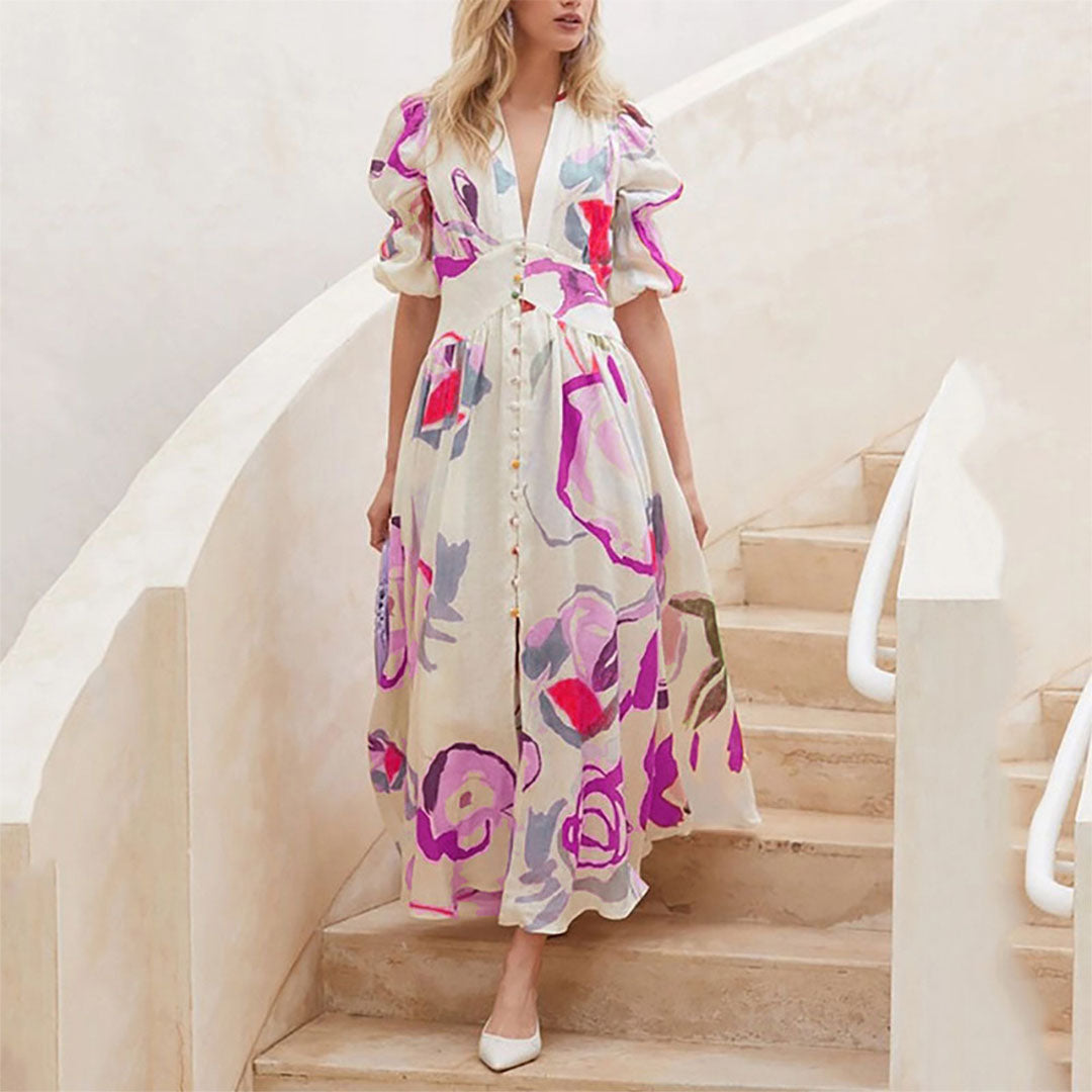 Kjole til dame - Midi A-linje - Puffermet & V-hals - Knapper & Blomstermønster