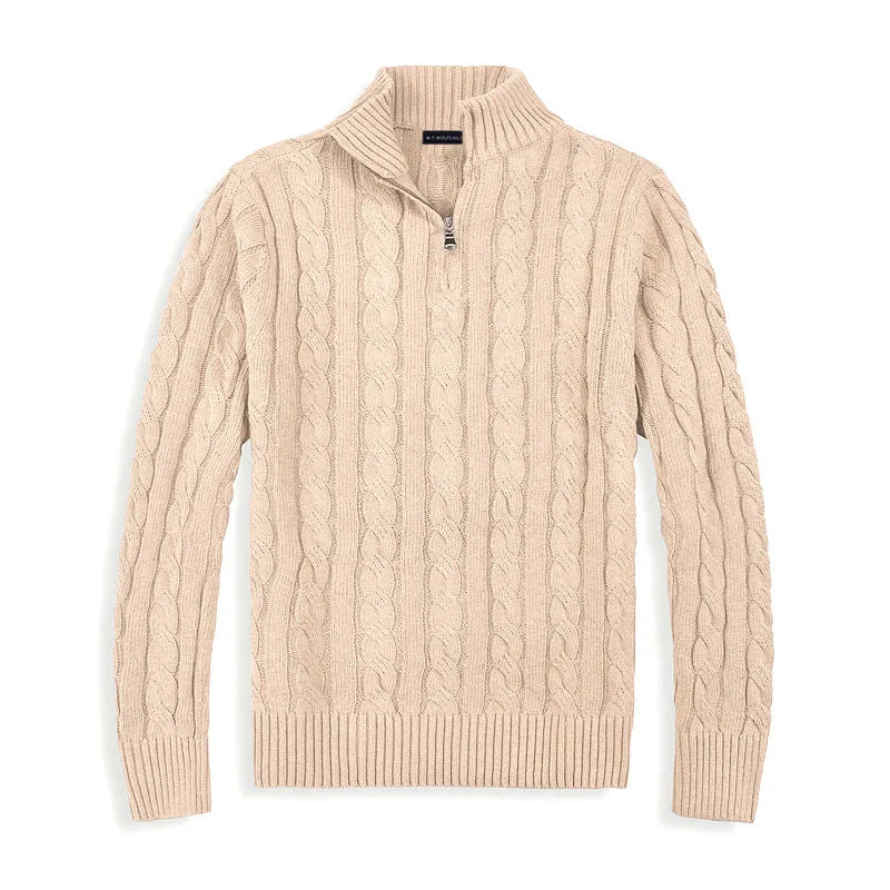 Herrtröja med half zip – bomullsblandning – kabelstickad – regular fit – ribbstickad kant