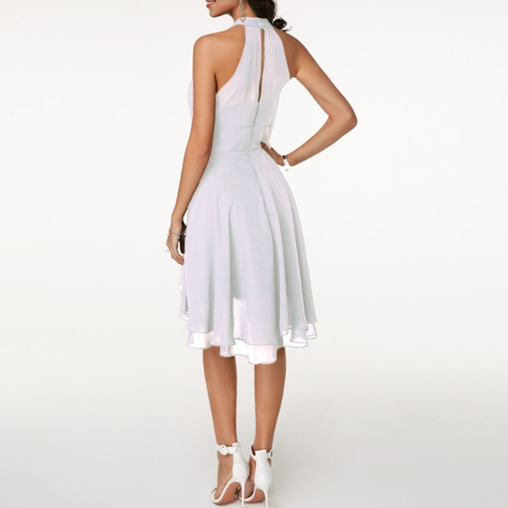 Dam Chiffong Klänning - Ärmlös - Halterneck - Asymmetrisk Fåll - Elegant Festklädsel