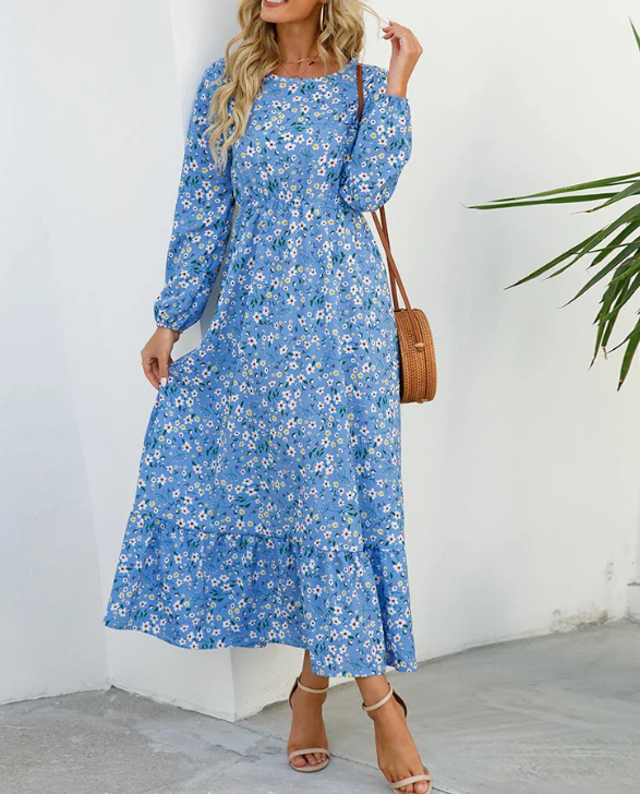 Langermet kjole med blomsterprint for kvinner