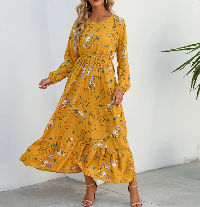 Langermet kjole med blomsterprint for kvinner
