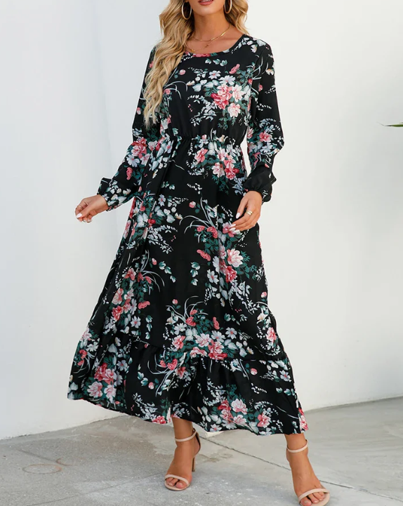 Langermet kjole med blomsterprint for kvinner