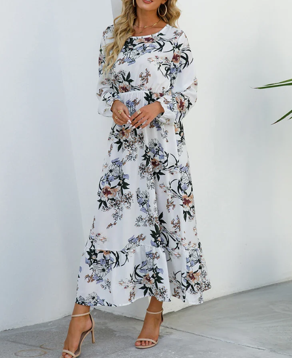 Langermet kjole med blomsterprint for kvinner